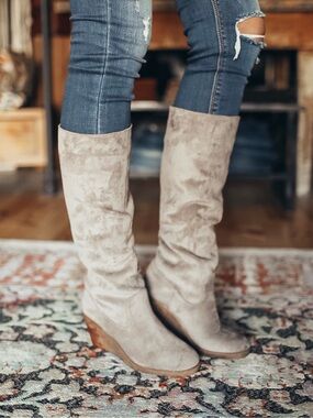 Classic Suede Knee-High Wedge Boot - Taupe